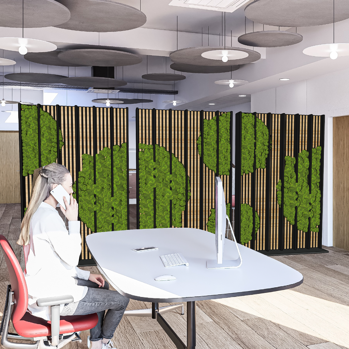 Claustra, Vegetal Bureau moderne avec une personne au téléphone et des panneaux végétaux décoratifs.