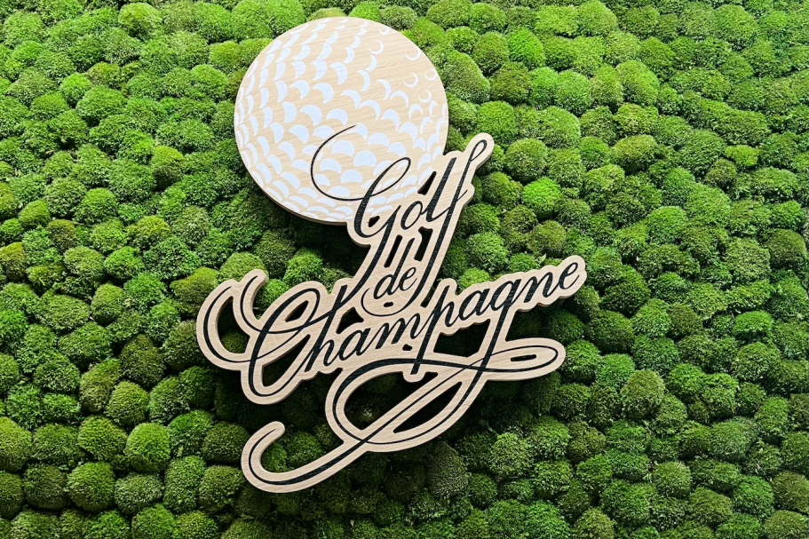 Cadre Vegetal avec une enseigne en bois, massif Mur végétal décoratif avec le logo d'EIFFAGE en relief. Éclairage moderne.