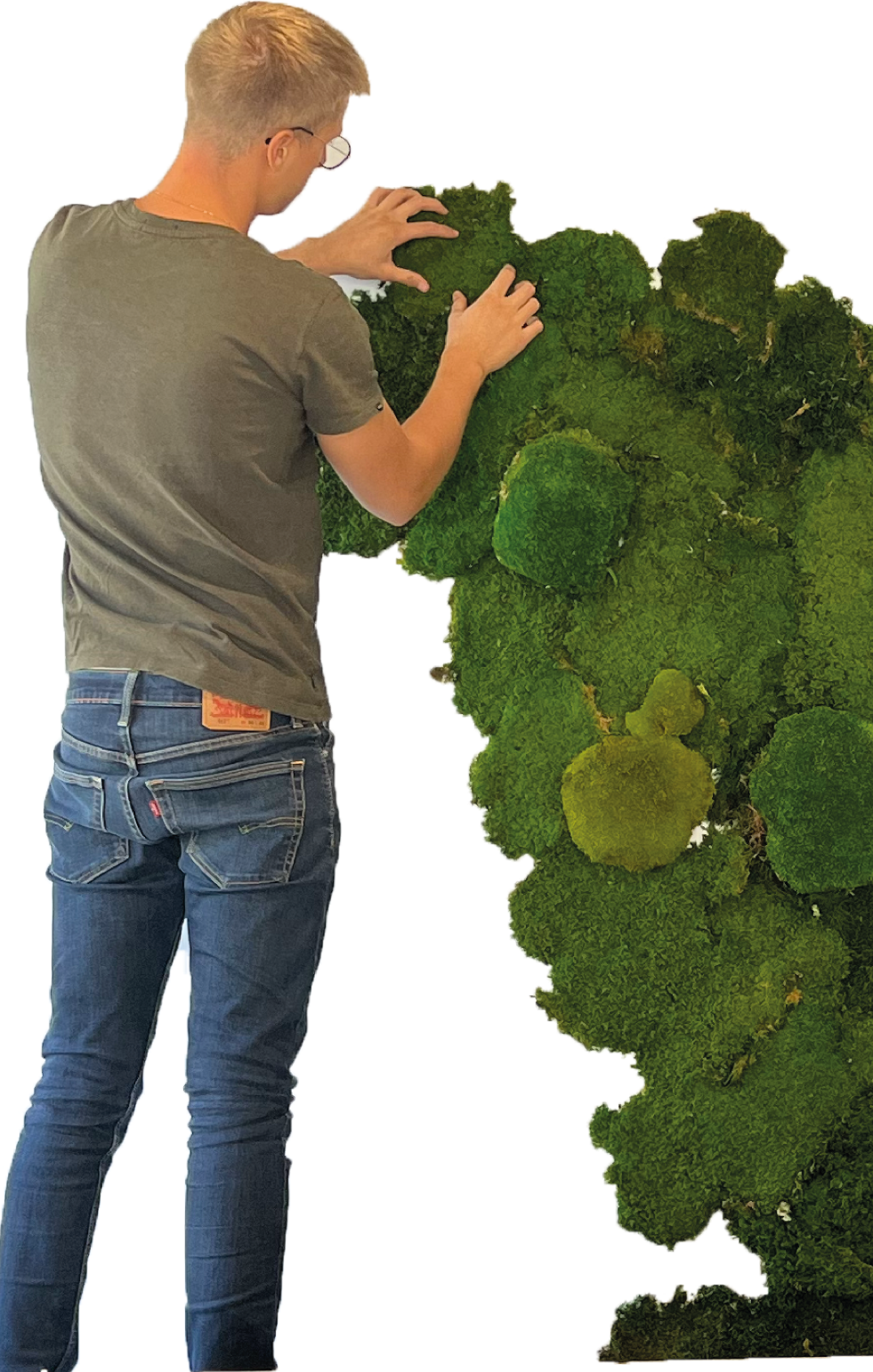 Cadre végétal Homme touchant une mur végétal, avec différentes textures et teintes de vert.